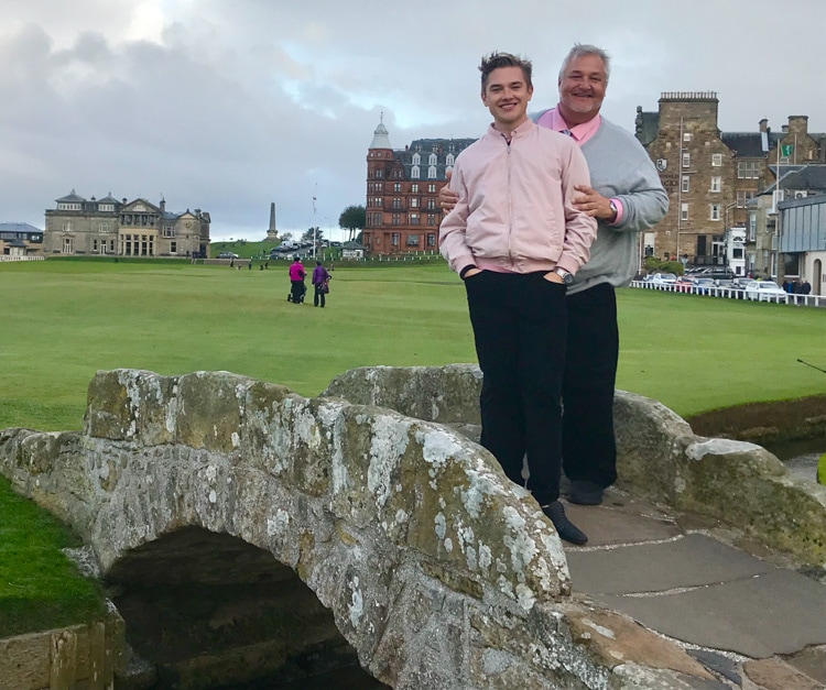 Harrison Shiels with his father MPS on the Swilcan Bridge