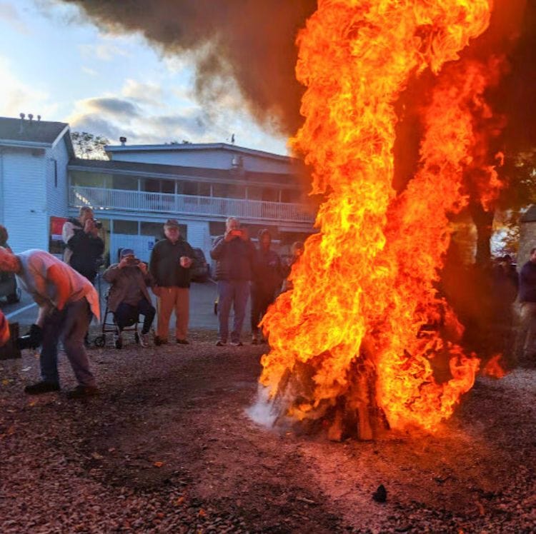 A Door County Fish Boil; With a mighty whoosh, the cauldron was enveloped in an explosive fireball reaching heavenward