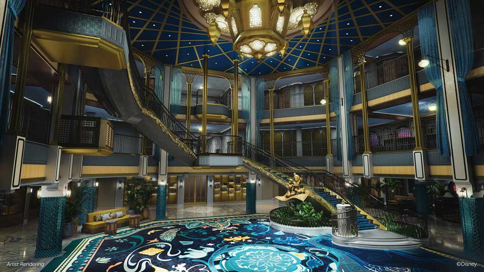 The Grand Hall on the Disney Treasure is themed around Agrabah from "Aladdin"