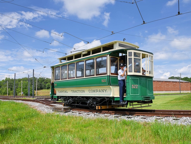 Vintage streetcars takes visitors on rides at the National Capital Trolley Museum near Washington, DC.