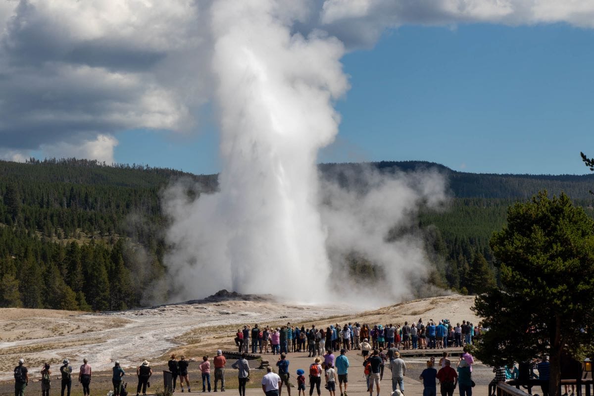 People watch as Old Faithful spouts steam