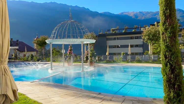 Outdoor heated pool at Preidlhof. Photo by Isabella Miller