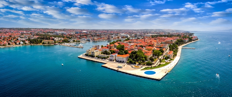 Travel 2024 Aerial panoramic view of the old town of Zadar by the Adriatic sea