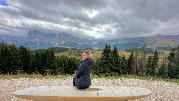 Bench overlooking the Dolomites. Photo by Isabella Miller