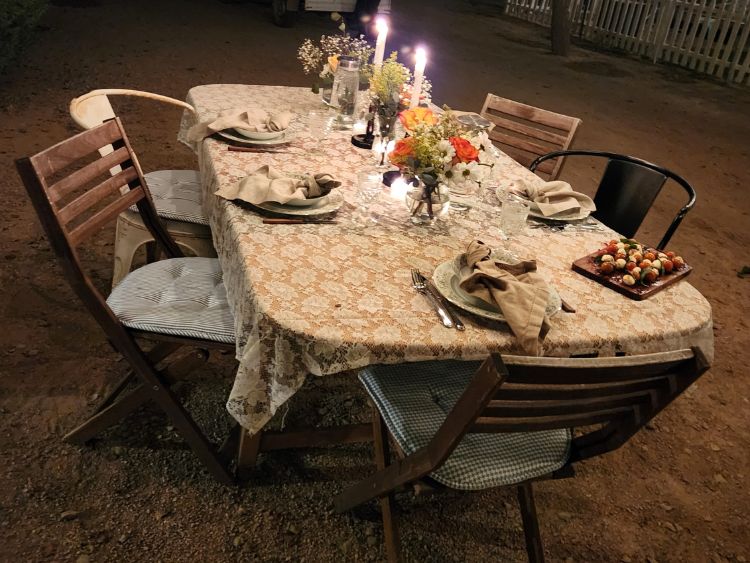 The dinner table is set at The Cozy Peach at Schepf Farms. Photo by Carrie Dow