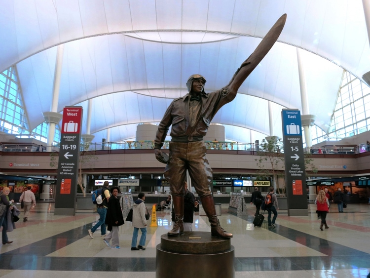 A statue at Denver International Airport intrigues its many visitors