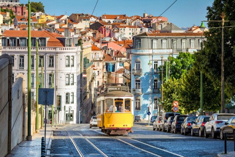 Yellow tram 28 on Lisbon street