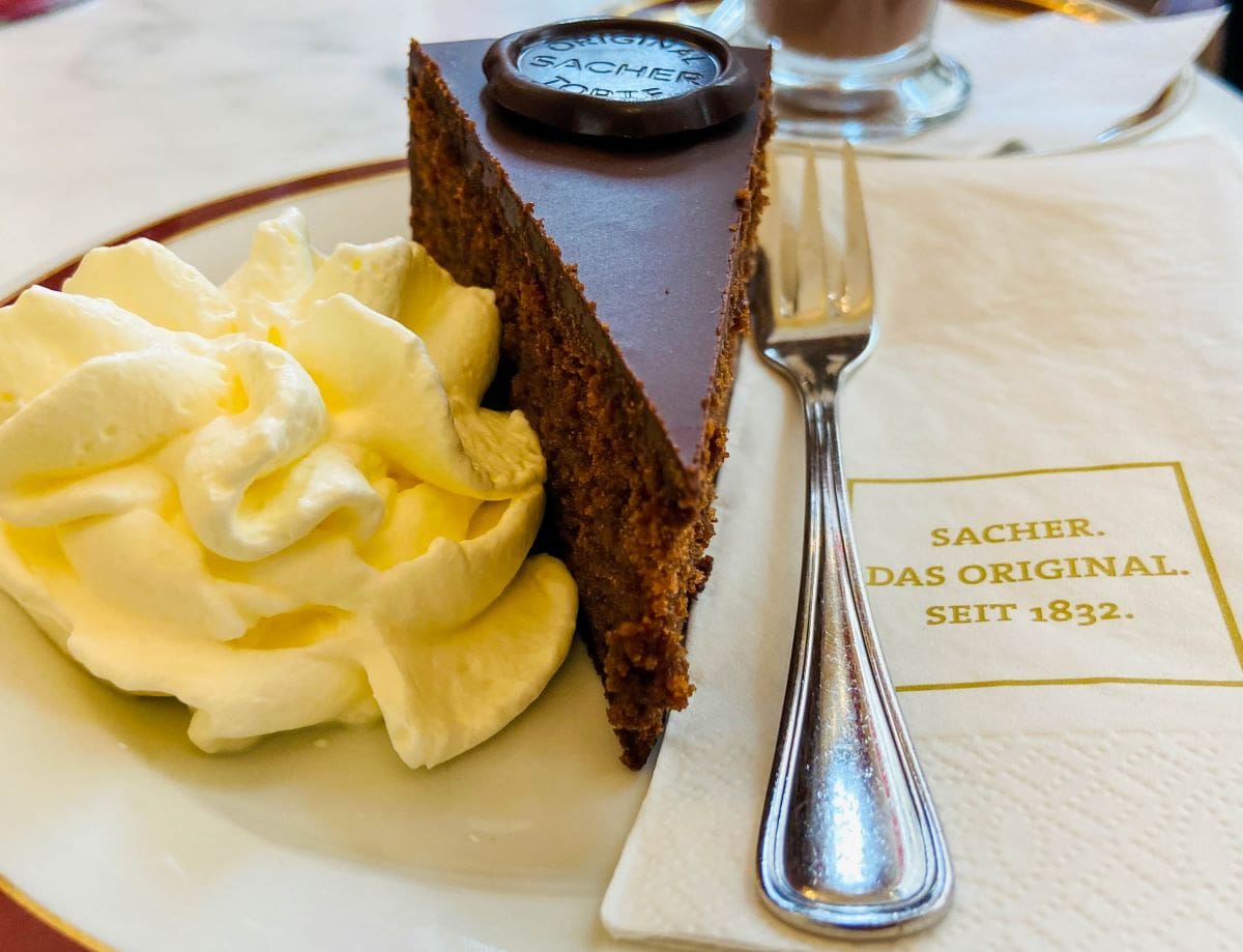 A close up of sacher torte, the rich chocolate dessert and an Austrian tradition.