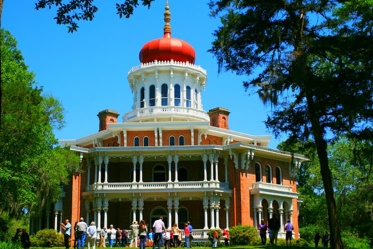 Longwood is an eight-sided brick structure two and one-half stories high over a full basement; the house is topped by a vast 16-sided cupola which is surmounted by a large onion-shaped "Moorish" dome.