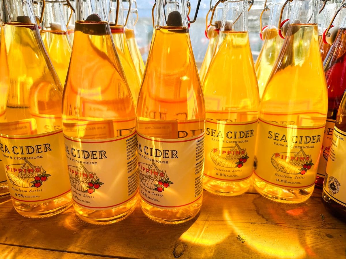 Closeup of bottles of cider at Sea Cider, Victoria, BC.