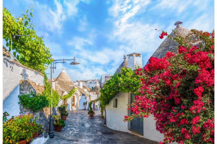 Lovely trulli houses with colorful flowers