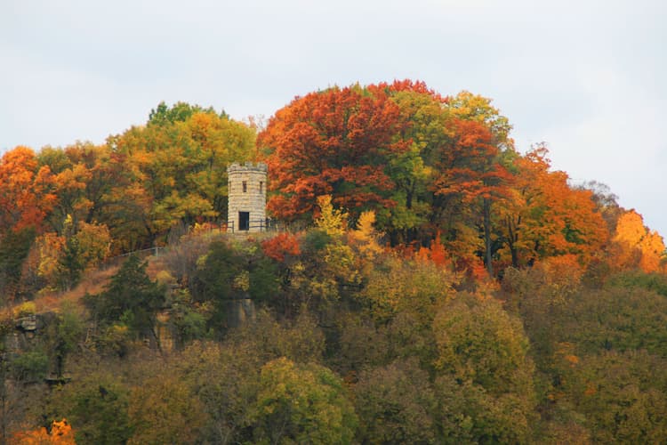 Julien Dubuque's final resting place beneath the Monument high on a bluff overlooking the Mississippi River in the Mines of Spain Recreation Area. Photo by Frank Hosek