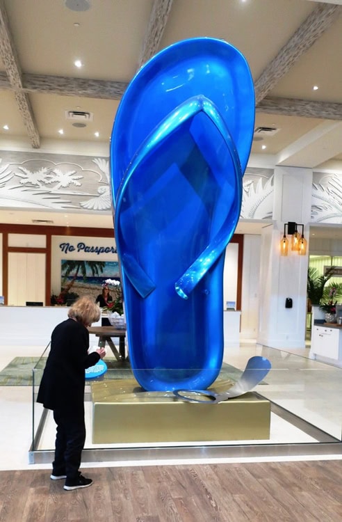 The huge flip-flop in the Margaritaville Resort lobby in Hollywood, Florida conveys the all-pervasive Jimmy Buffett beach vibe