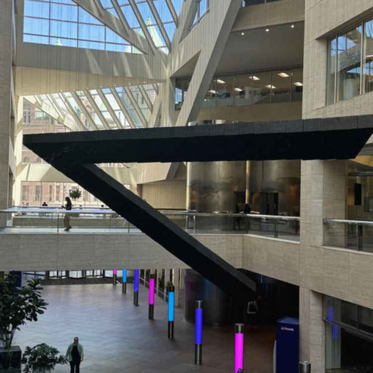Loren Madsen's Hanging Stones takes centerstage at U.S. Bank Plaza. Photo by Debbie Stone