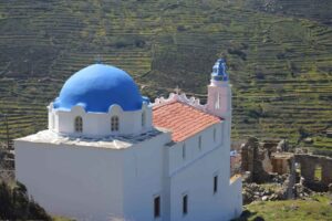 The small Greek Orthodox church of St. Joseph sits at the top of the trail that runs through the abandoned village of Monastiria. Photo by Eugenia Lazaris