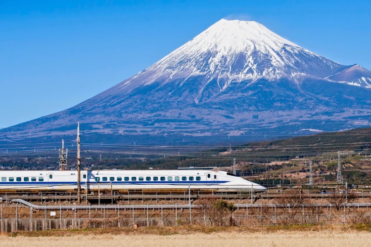 High-speed bullet train with Fuji Mountain in the background