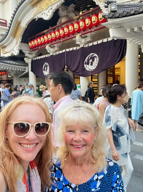 It had the feeling of a Broadway play in New York, as Carol and daughter-in-law Kim wait outside Kubuki-za Theater. Photo by Carol L. Bowman