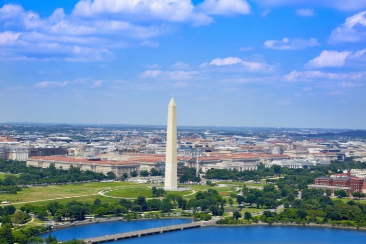 Aerial view of The Mall and Washington Monument.