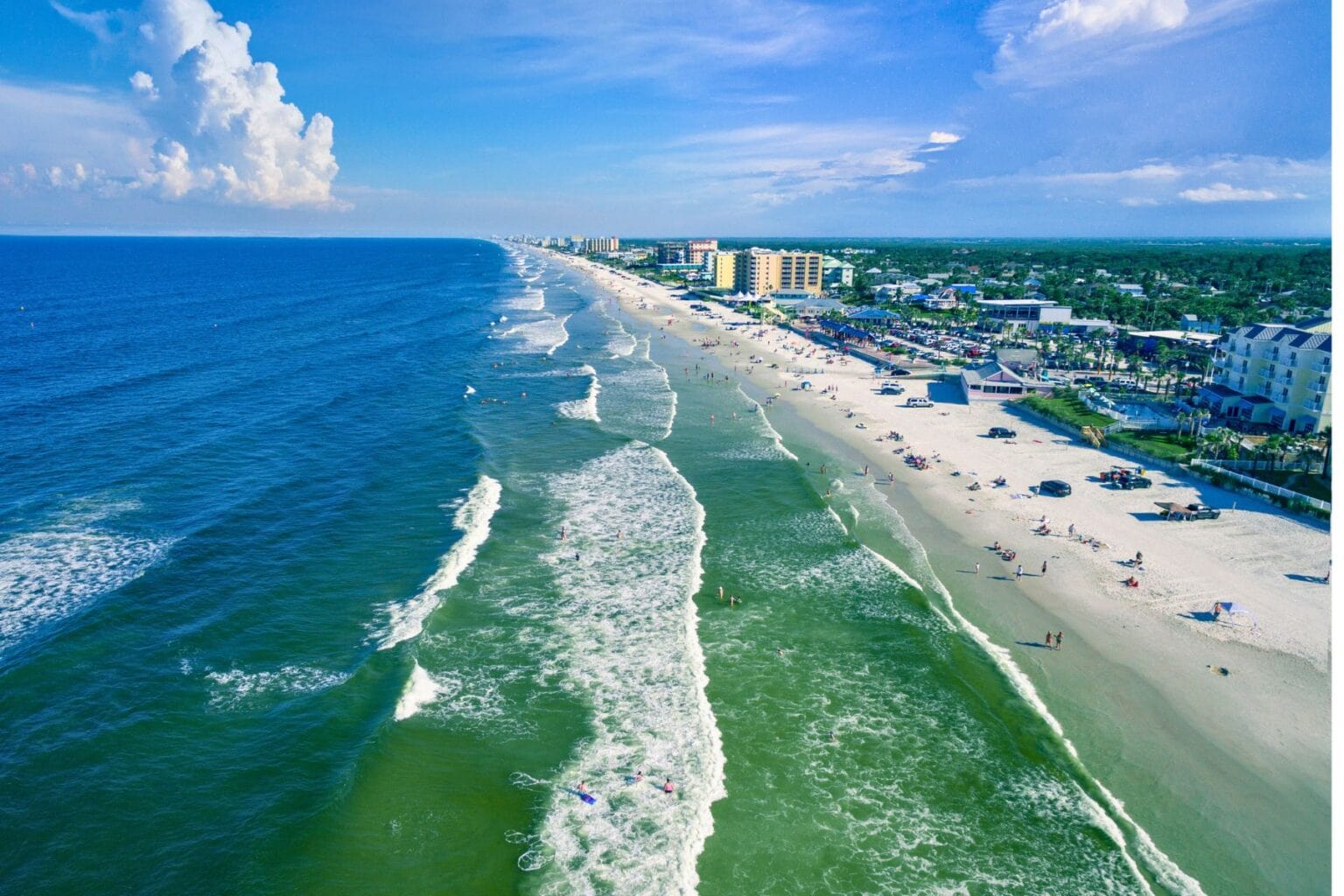 Aerial view of New Smyrna Beach, a laid-back coastal gem on Florida&rsquo;s Atlantic shore. Photo by Canva