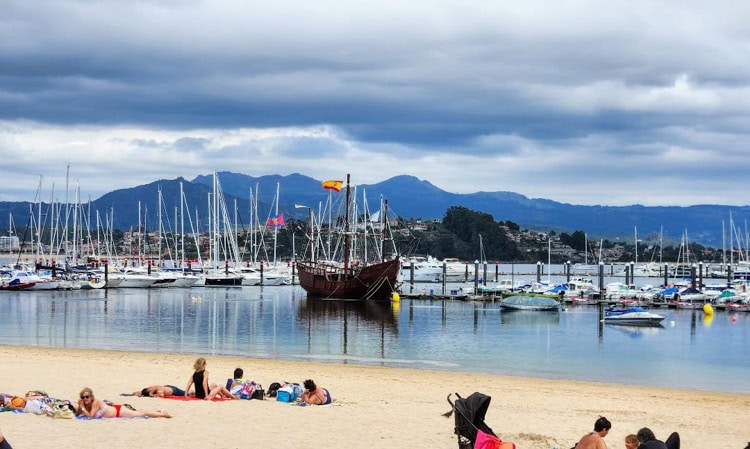 Baiona, Spain where a replica of one of Columbus' ships is anchored to honor its historical visit in 1493.