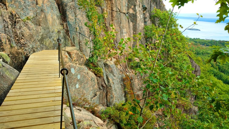 The Precipice trail clings precariously to the side of Champlain Mountain
