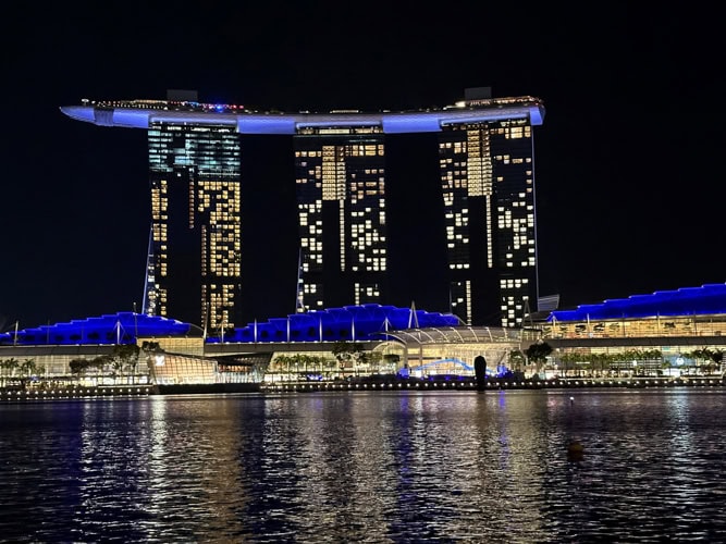 Marina Bay Sands at night viewed from the river.
