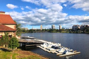 The Charles River and its waterfront from the Cambridge end with a view of the city of Boston on the far side. Photo by Susmita Sengupta