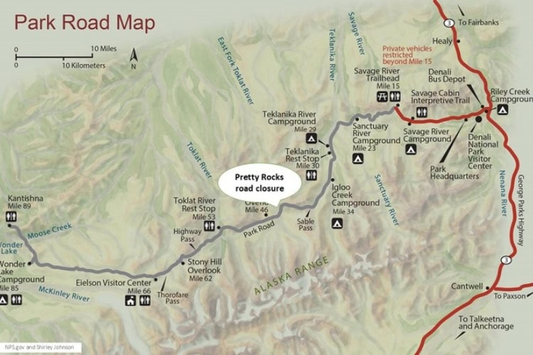 A map of Denali National Park with Pretty Rocks road closure indicated, highlighting the landslide location beyond mile 43.