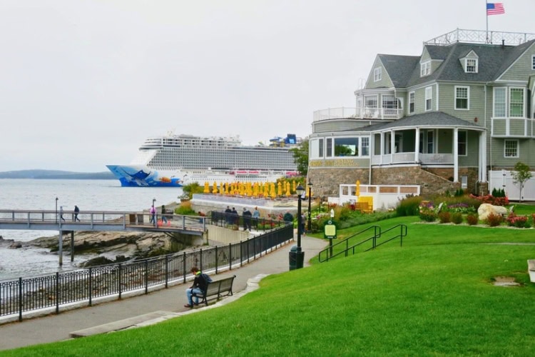 Bar Harbor Inn and Shoreline Path with a cruise ship in Frenchman Bay