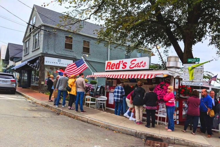 People in line outside Red's Eats in Wiscasset, Maine for lobster rolls