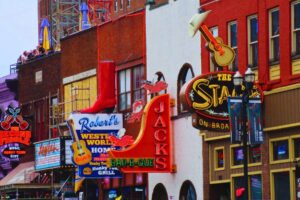 Robert's and its colorful neighbors in Lower Broadway, Nashville. Photo by Frank Hosek