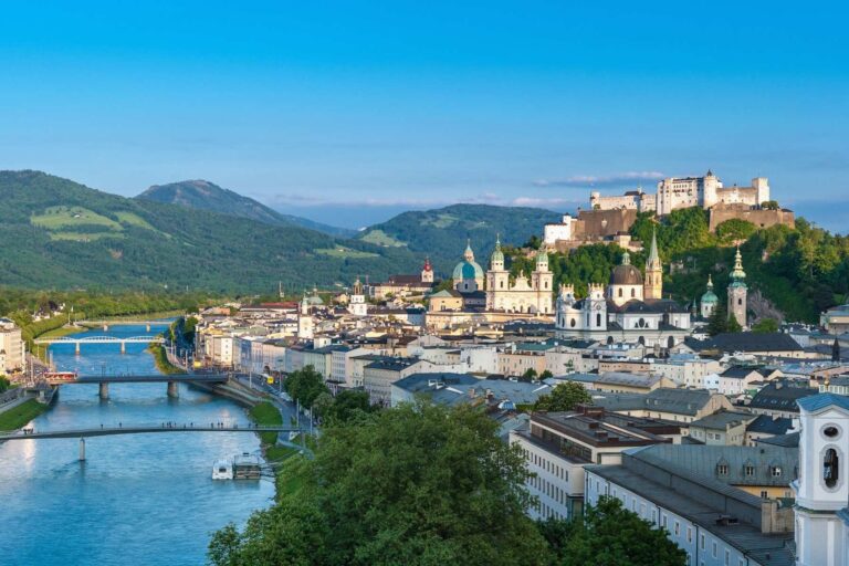 Set along the Salzach River with the Austrian Alps rising in the background, Salzburg's historic Old Town is the place to start a self-guided Sound of Music tour. Photo courtesy of Tourismus Salzburg, Foto: Breitegger Günter
