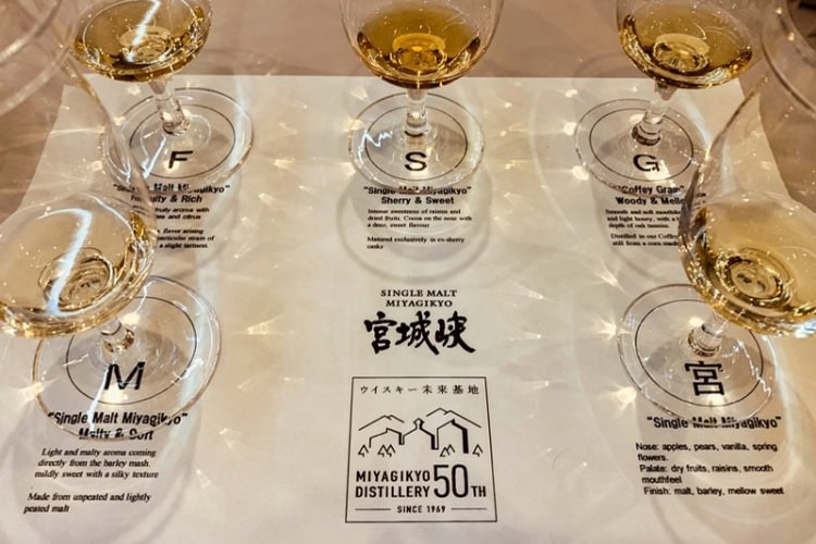 Glasses set for a whisky tasting at Nikka's Miyagi distillery