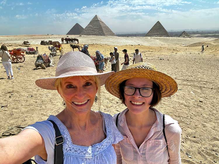 The author and her daughter at the Pyramids of Giza. Photo by Janna Graber