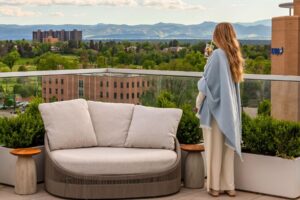 Taking in Denver's Front Range views from Rare Bird's rooftop terrace in Cherry Creek North. Photo by Teri K. Miller