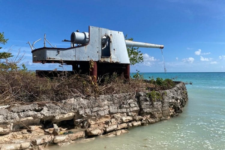 Japanese defense guns from the Battle of Tarawa at the tip of the atoll