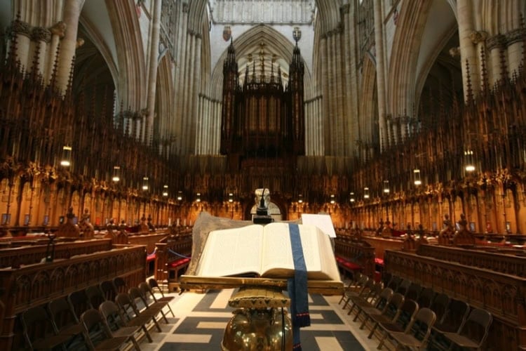 Interior view of York Minster, highlighting its architectural details in York, England.
