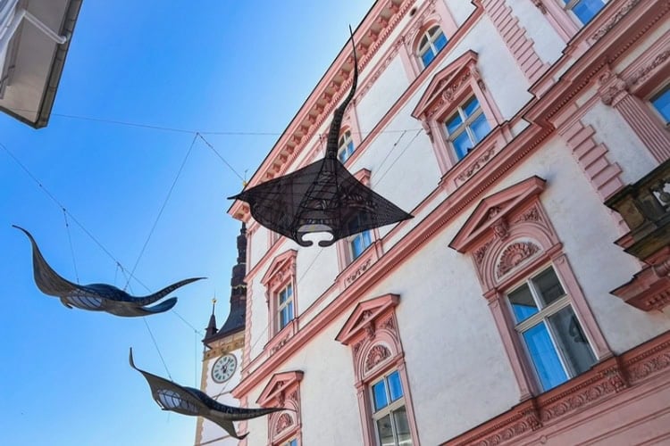Stingray puppets hang over a side street in Olomouc, Czechia