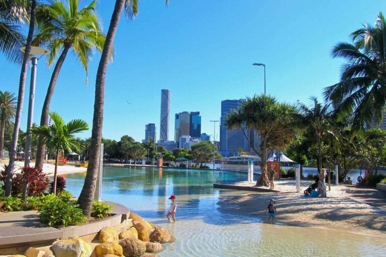 South Bank’s Streets Beach, Brisbane’s iconic man-made lagoon, with the city skyline rising in the background. Photo by Ayan Adak