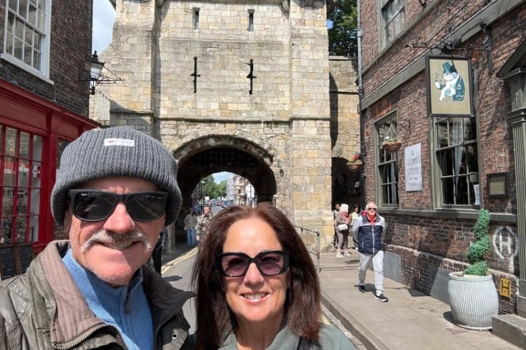 The writer with her husband in York, England, captured by Andrew Jarrett.