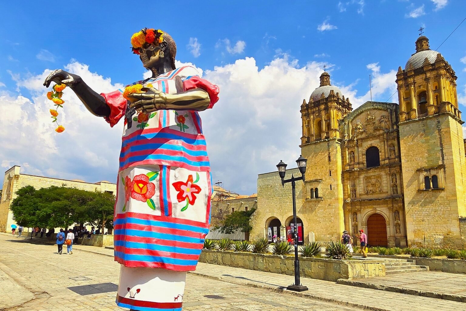 Dias de los Muertos statue in front of the Cathedral, Oaxaca, MX. Photo by Sam Sarkar