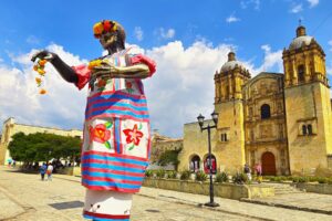 Dias de los Muertos statue in front of the Cathedral, Oaxaca, MX. Photo by Sam Sarkar