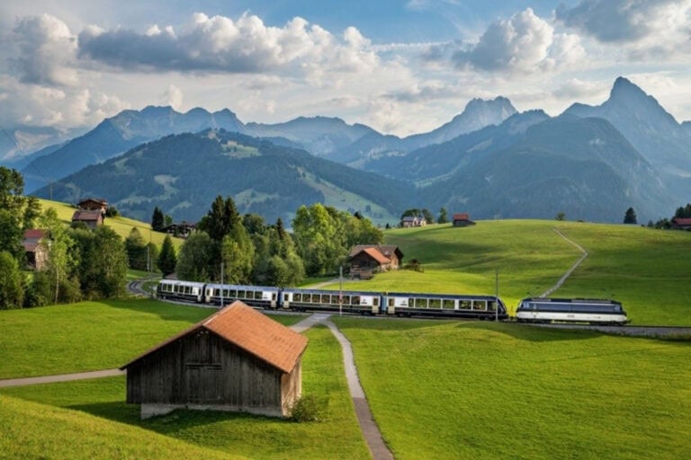 A GoldenPass Express train travels through the Swiss Alps on the way to Montreux. Photo courtesy of @MOB-GoldenPass