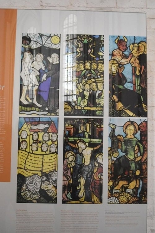 Closeup of the stained glass panel depicting the story of the Antichrist
