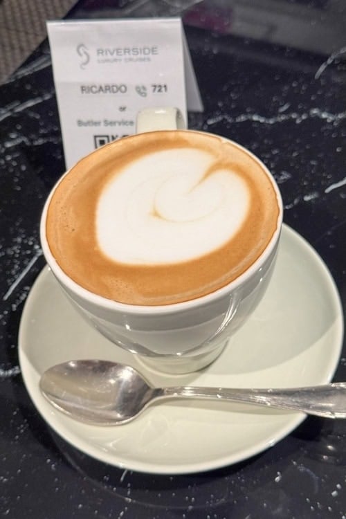 Cafe latte delivered to a stateroom on the Riverside Ravel. Photo by Terri Colby