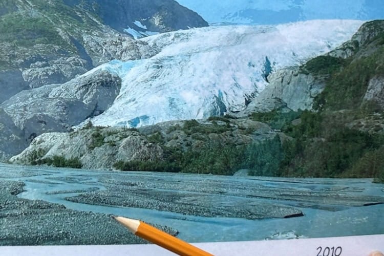Exit Glacier in 2010 with a pencil marking how far it had receded since 1992. Photo by Marcia McGreevy Lewis