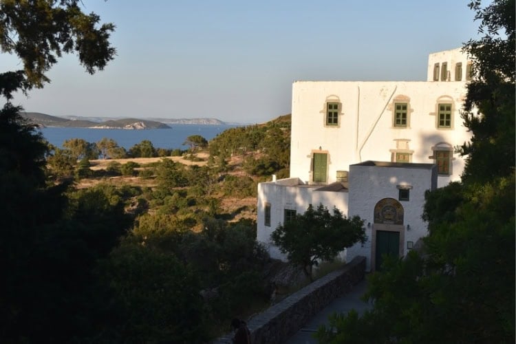 Monastery of the Apocalypse, Patmos. View looking at the Monastery of the Apocalypse. Note how the church rests on the edge of a steep hill. Photo by R. Stephens