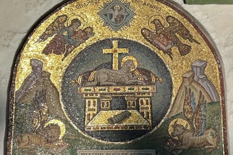 A beautiful mosaic above a door leading to the Cave of the Apocalypse on the island of Patmos, Greece. Photo by R. Stephens