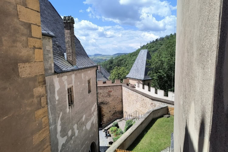 A view of Karlstejn Castle's courtyard from above