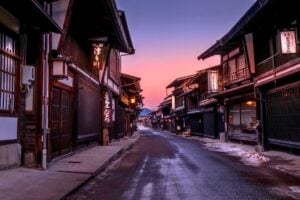 Narai, a traditional village along the Nakasendo Trail, at dusk. Photo by Jill Smith